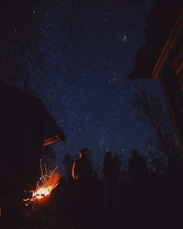 People gather around a campfire under a starry sky, enjoying nature's tranquility and the warmth of the flames.