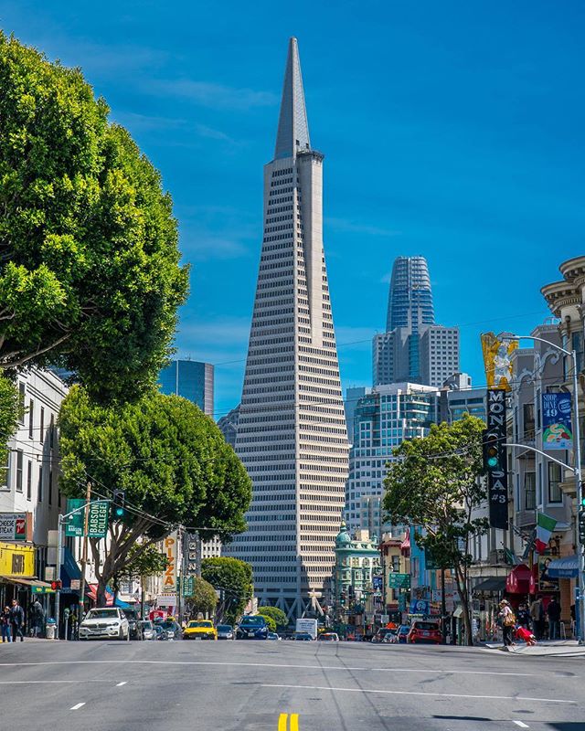 View of the Transamerica Pyramid in San Francisco, capturing the iconic building and surrounding cityscape.