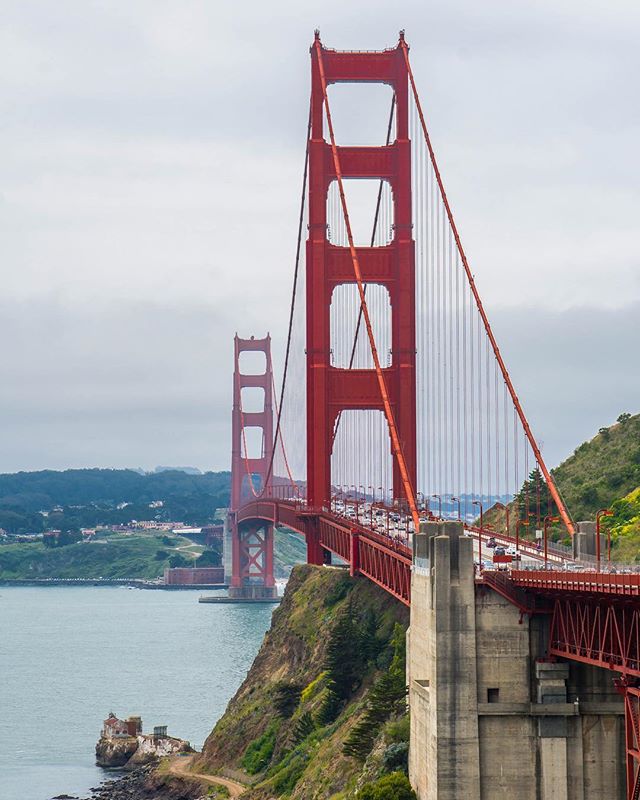 A scenic view of the iconic Golden Gate Bridge in San Francisco on a cloudy day.