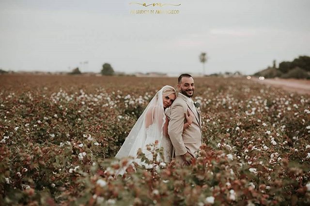 A bride and groom embracing in a romantic cotton field, celebrating their wedding day.