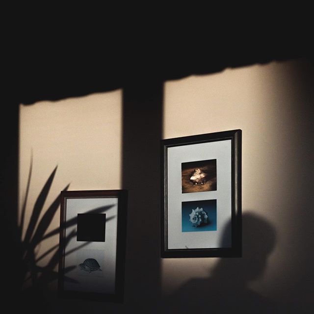 Still life featuring framed artwork and shadows on a beige wall, creating a calming and minimalist aesthetic.