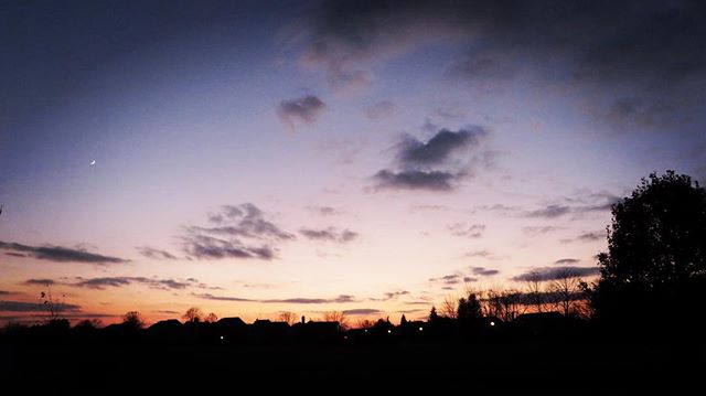 A serene sunset view of houses and trees silhouetted against a pastel colored sky with a crescent moon.
