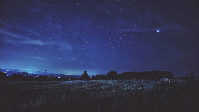 A serene night landscape featuring a star-filled sky over a dark field, perfect for astronomy or travel themes.