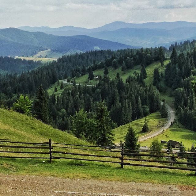 Lush green mountainside with a winding road cutting through the forest and a rustic wooden fence in the foreground.