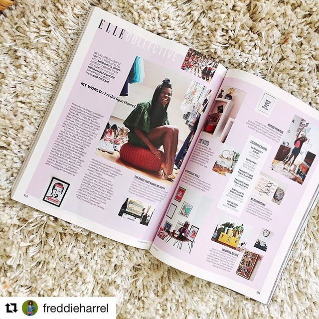 An open magazine of a fashion editorial featuring influencer Fredrique Harrel.