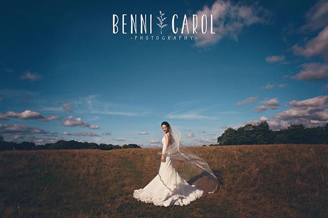 A bride in a white wedding dress stands in a field under a blue sky, exuding serene elegance.