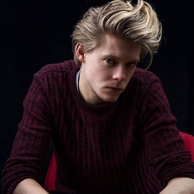 Portrait of a blonde man in a maroon sweater looking seriously at the camera in a studio setting.
