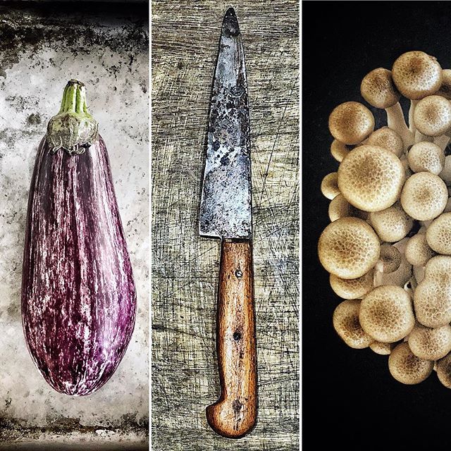 A rustic still life featuring an eggplant, knife, and mushrooms, perfect for food-related content.