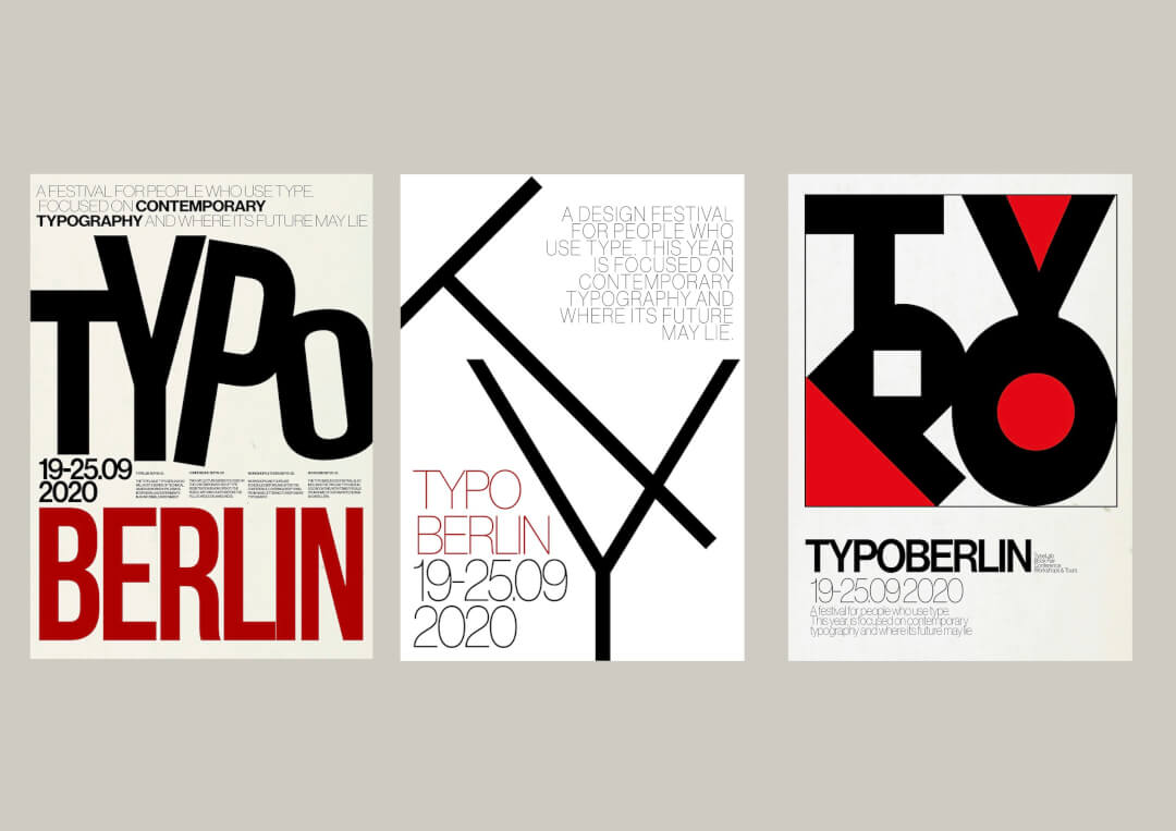 Three minimalist poster designs for Typo Berlin, a festival focused on contemporary typography.