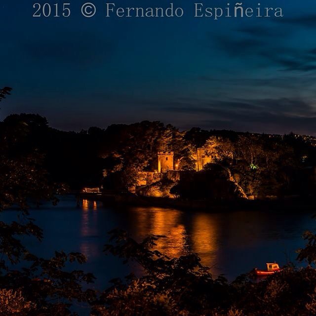 Night view of a castle on a river with soft lighting, creating a dreamy and tranquil landscape.