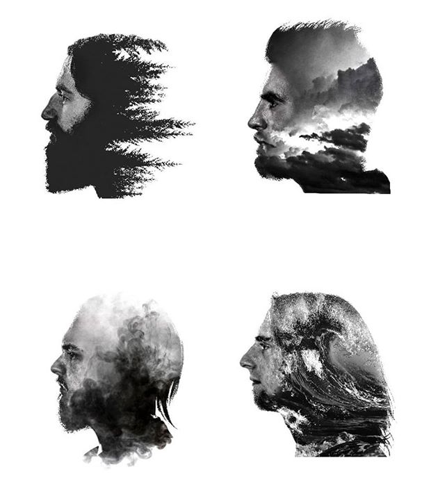 Four double exposure portraits of men blended with natural elements, creating a conceptual and artistic visual.