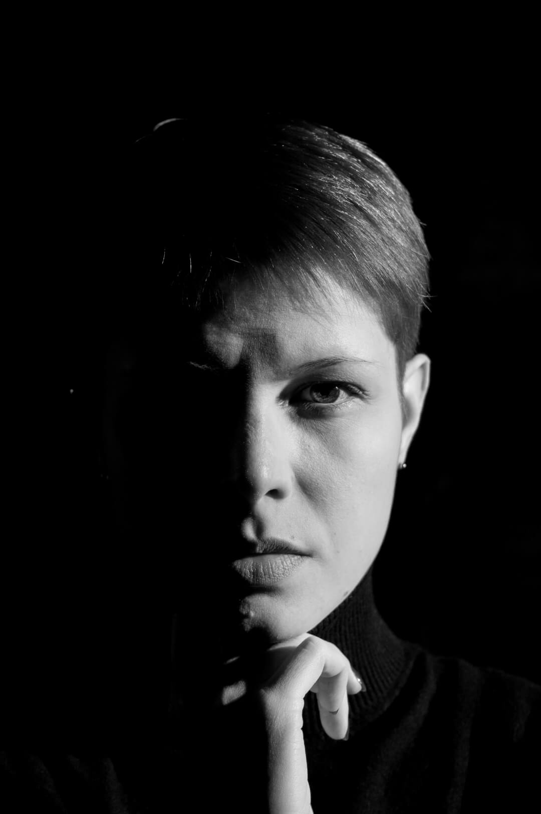 Black And White Portrait Serious Woman Dramatic Lighting