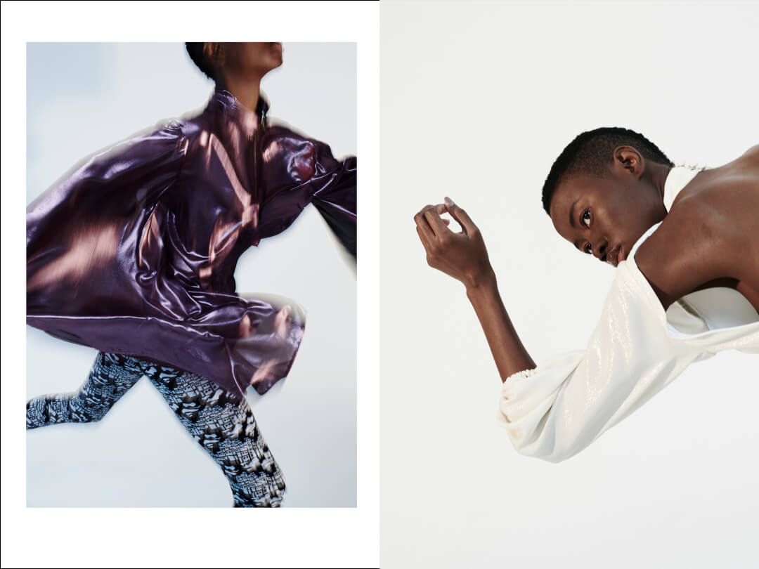 Fashion editorial featuring a model in vibrant clothes with modern style, photographed in a studio.