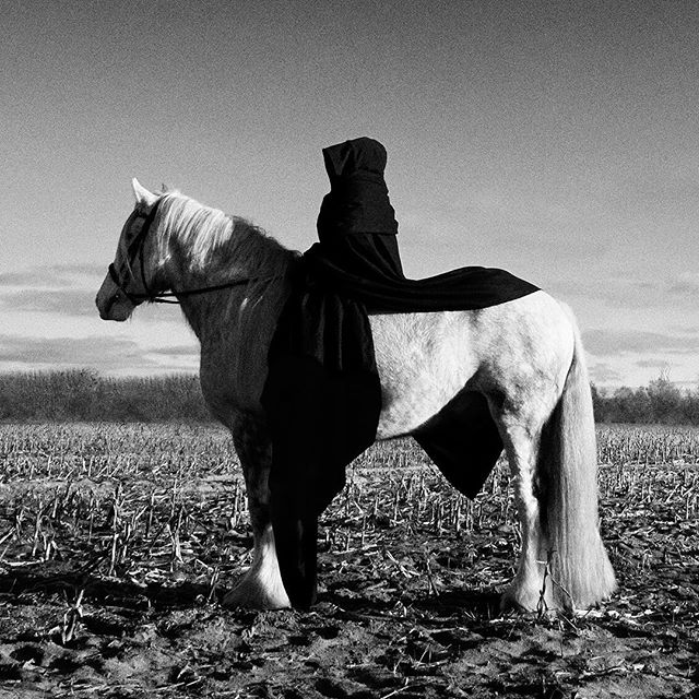 A hooded figure rides a white horse across a barren field, shrouded in mystery and monochrome artistry.