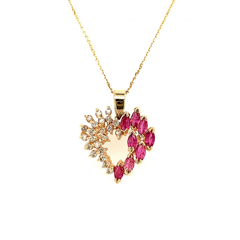 14KT Yellow Gold Ruby and Diamond Heart Necklace