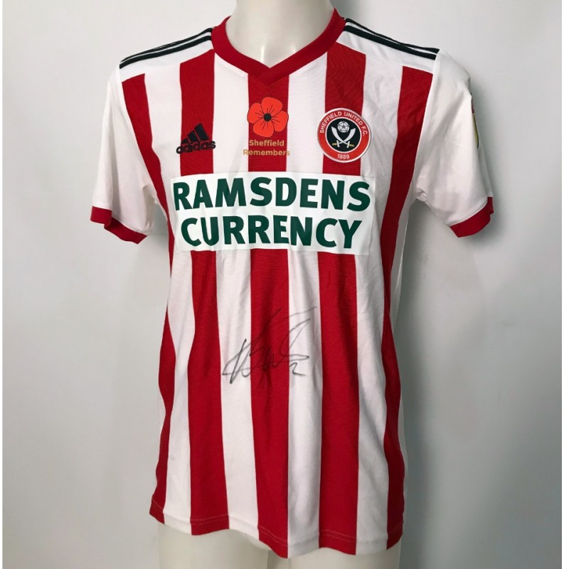 George Baldock's Sheffield United Worn and Signed Poppy Home Shirt