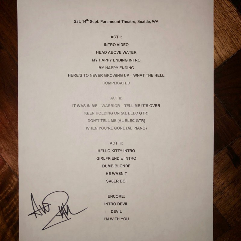 Scaletta autografata da Avril Lavigne - Chicago