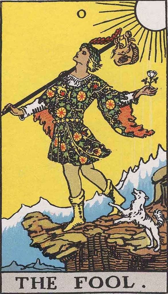 The Fool from a Tarot deck, about to walk off a cliff