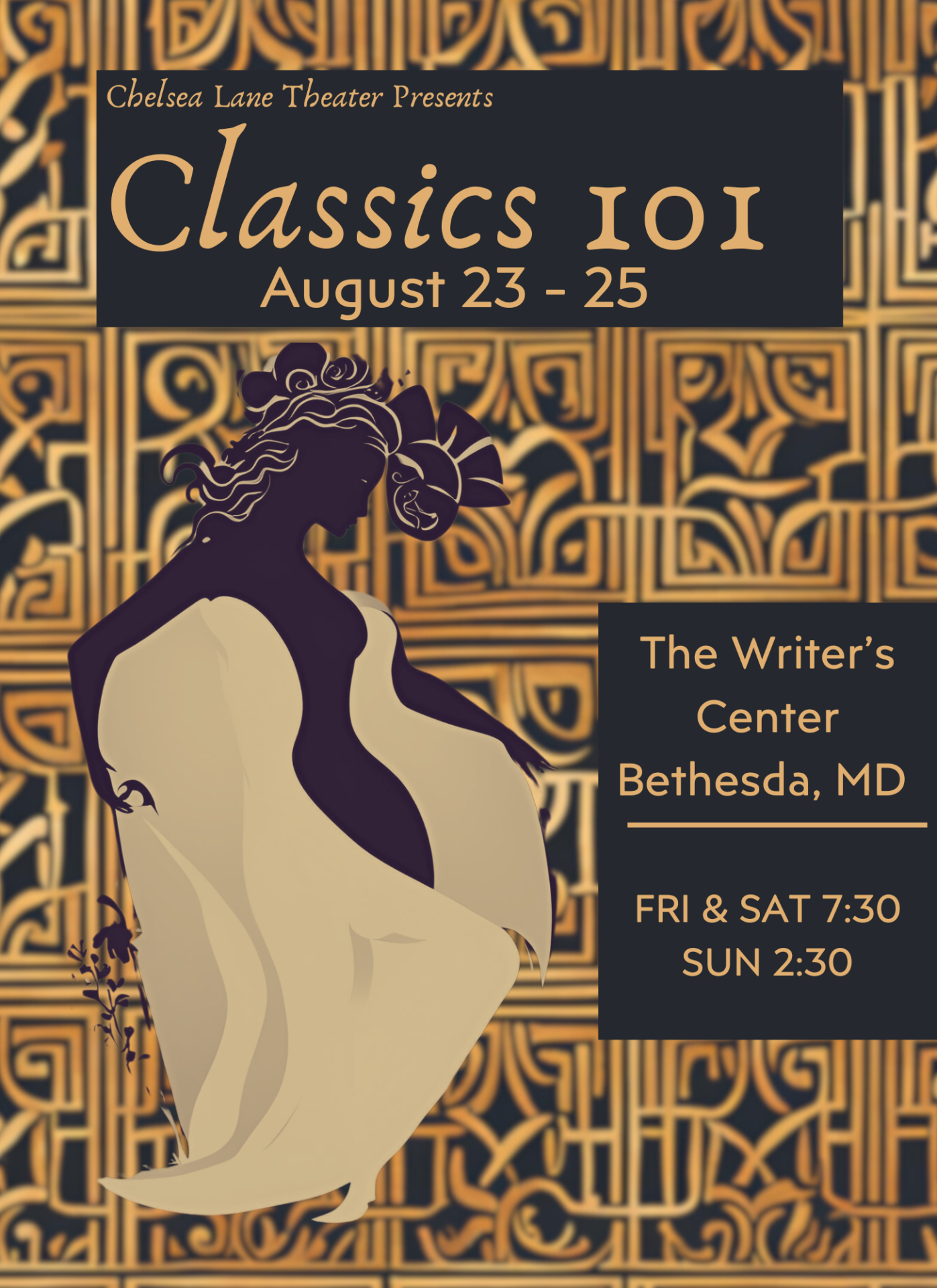 Gold and black poster promoting Classics 101 at the Writers Center in Bethesda MD