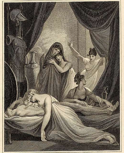 An old-timey etching of a bunch of women peering through a curtain at one who looks passed out and is lying face-down on top of a supine man