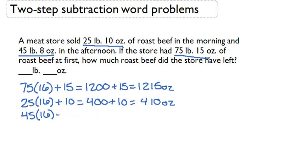 Two-step Subtraction of Weights (English Units) - Word Problems