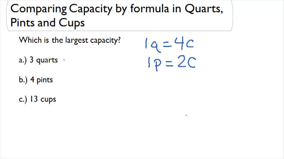 Comparing the Capacity by Formula in Quarts, Pints and Cups ( Video