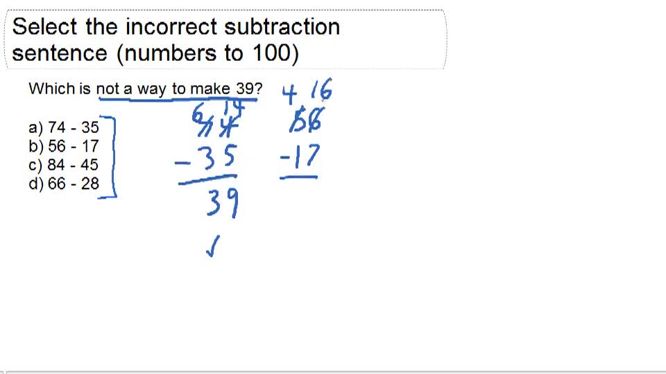Selecting the Incorrect Subtraction Sentence (Numbers to 100) ( Video ...