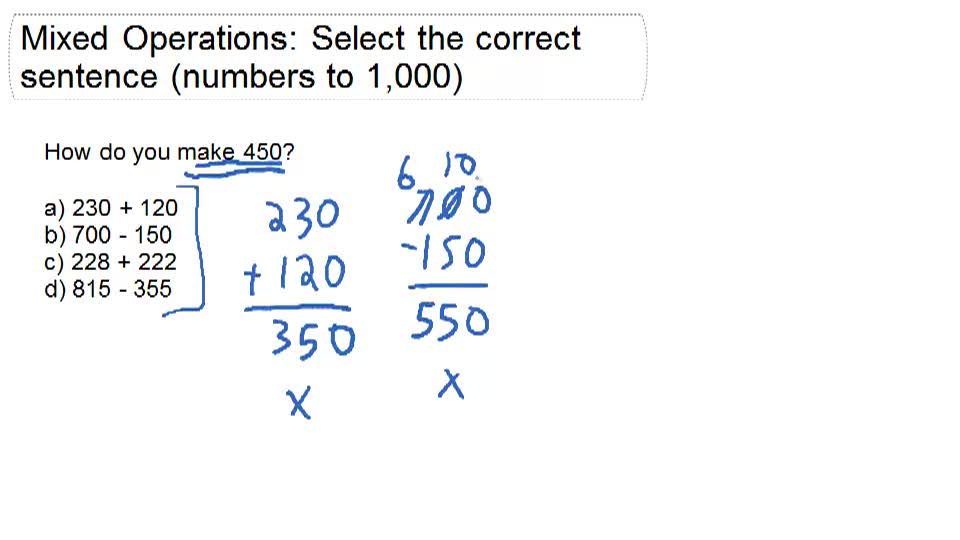 Mixed Operations Selecting the Correct Sentence (Numbers to 1,000