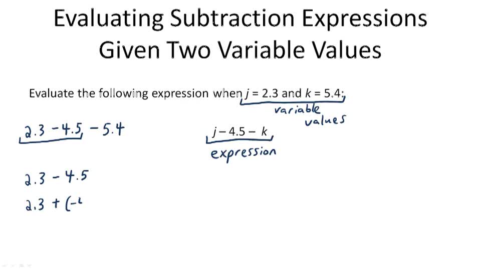 Evaluating Subtraction Expressions (Two Variable Values Given ...
