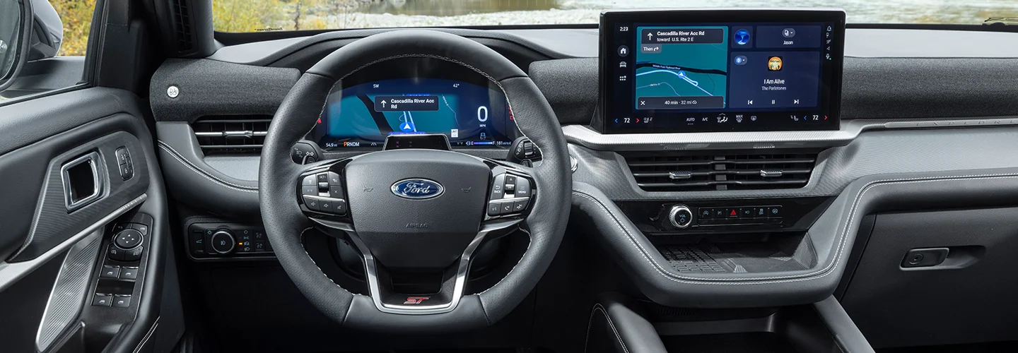 Interior view of the dashboard and tech of a 2026 Ford Explorer