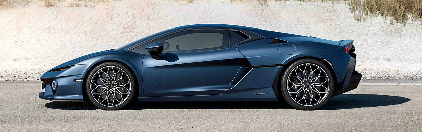 driver side view of a blue 2026 Lamborghini Temerario Base