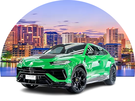Lamborghini SUV parked in front of cityscape