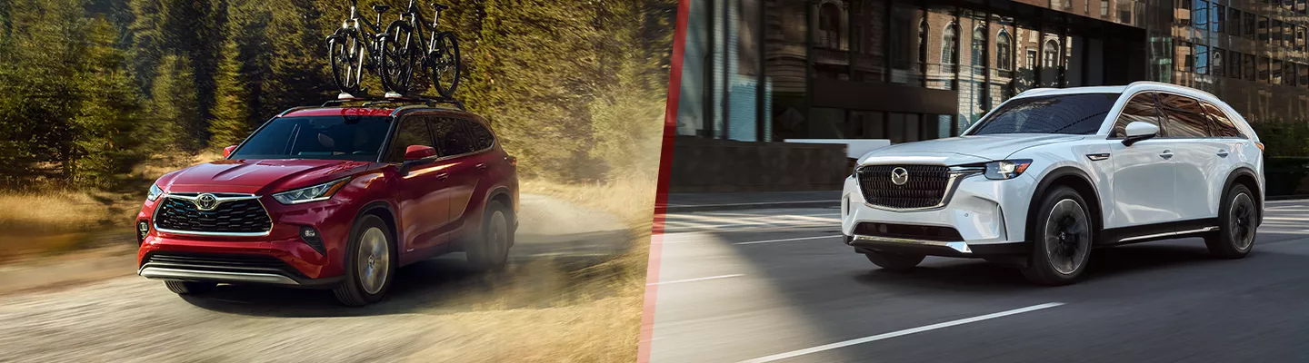 Side by side view of a 2026 Toyota Highlander and a 2026 Mazda CX-90