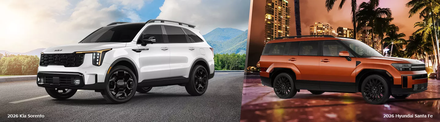 2026 Kia Sorento vs 2026 Hyundai Santa Fe split image