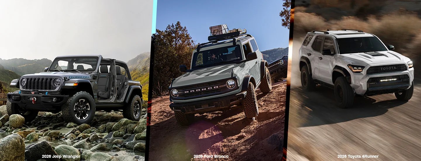 Side by side images of a 2026 Jeep Wrangler a 2026 Ford Bronco and a 2026 Toyota 4Runner