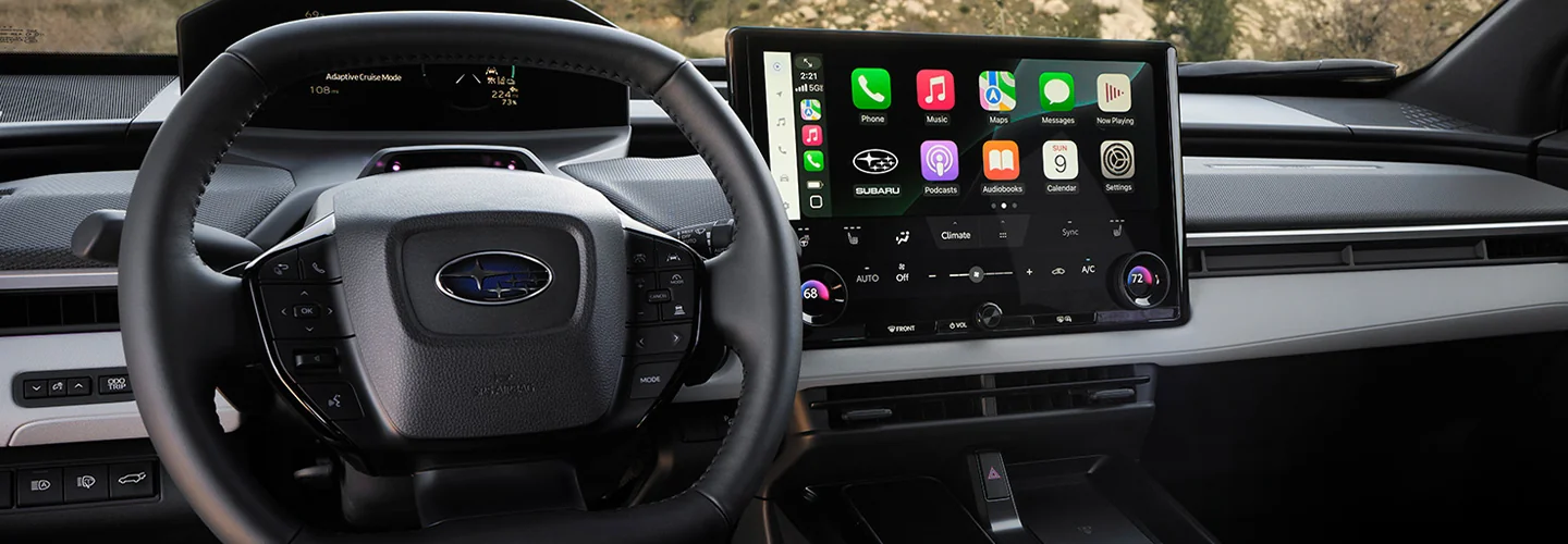Interior view of the dash and tech of a 2026 Subaru Solterra