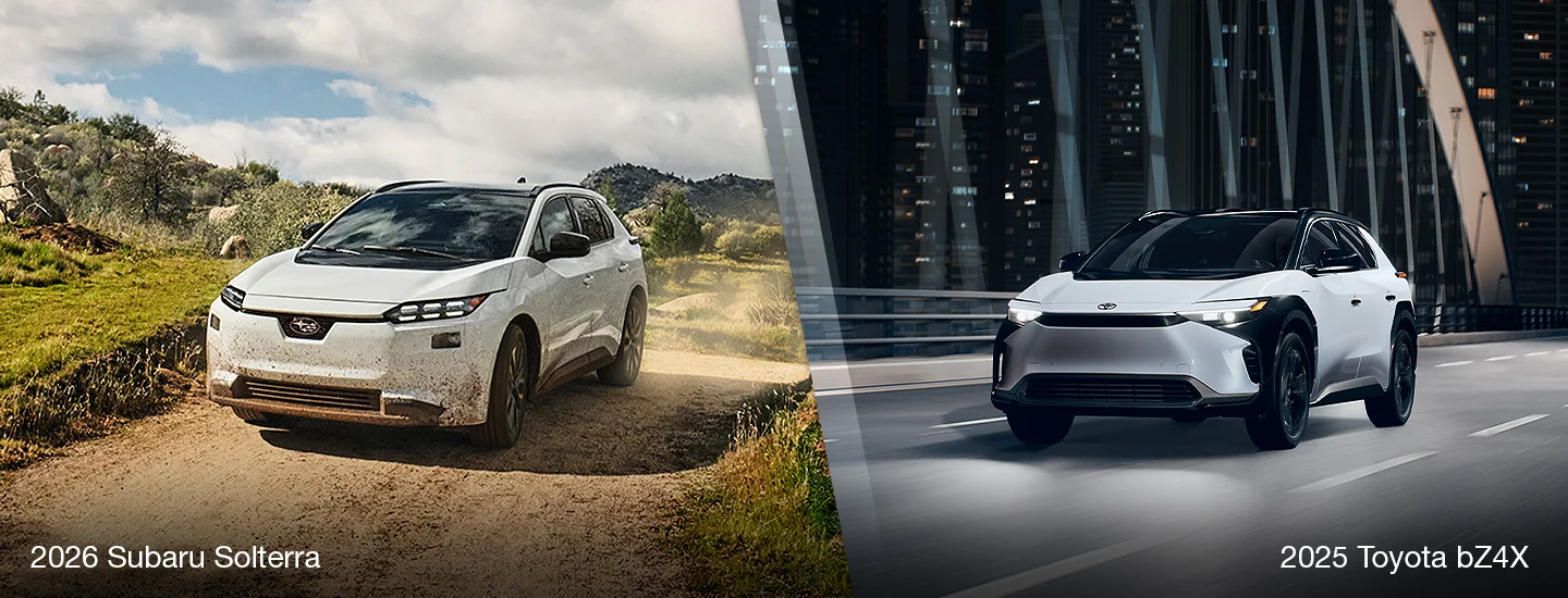 Side by side images of a 2026 Subaru Solterra and a 2025 Toyota bZ4X