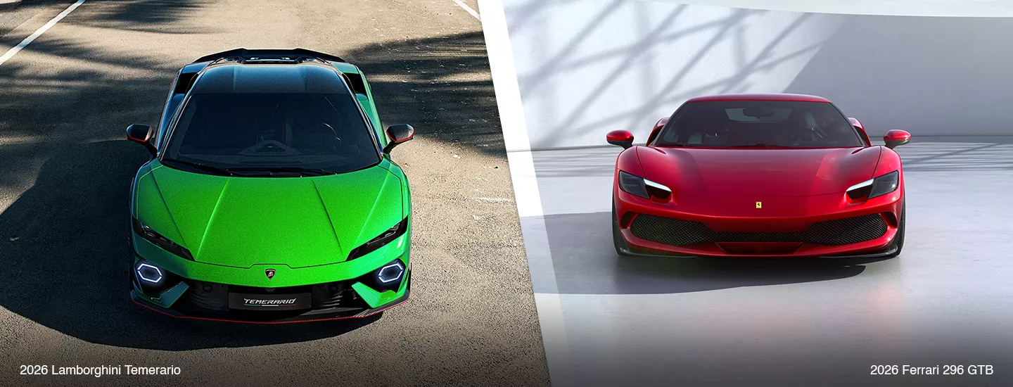 Side by side view of a 2026 Lamborghini Temerario and a 2026 Ferrari 296 GTB