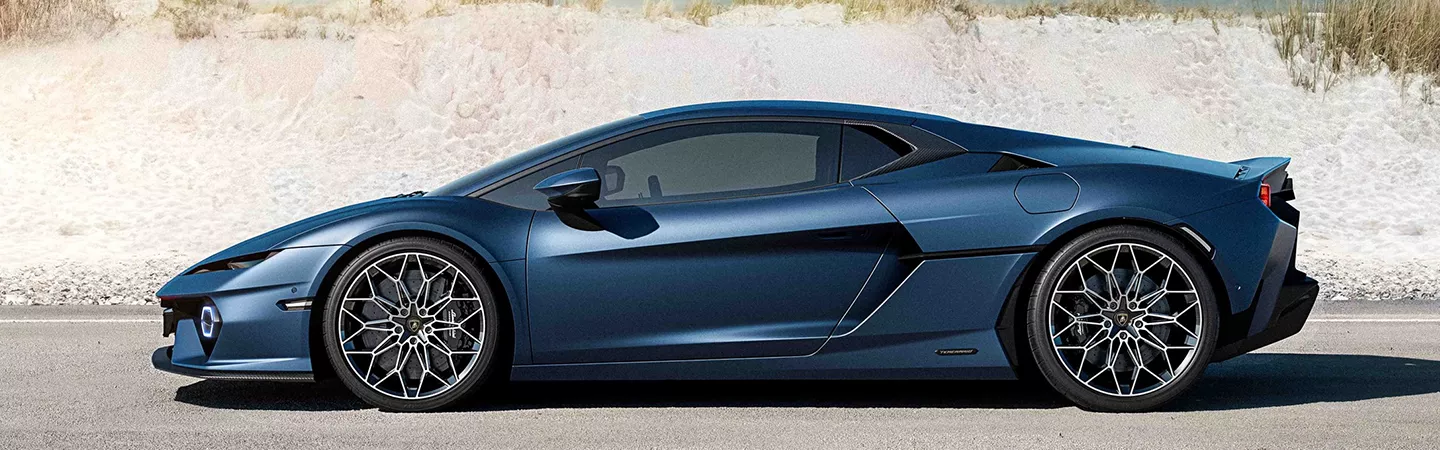 Side view of a 2026 Lamborghini Temerario parked near the beach