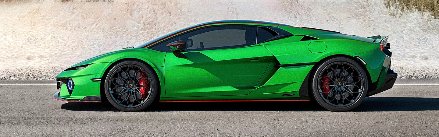Green 2026 Lamborghini Temerario parked in front of a beach dune