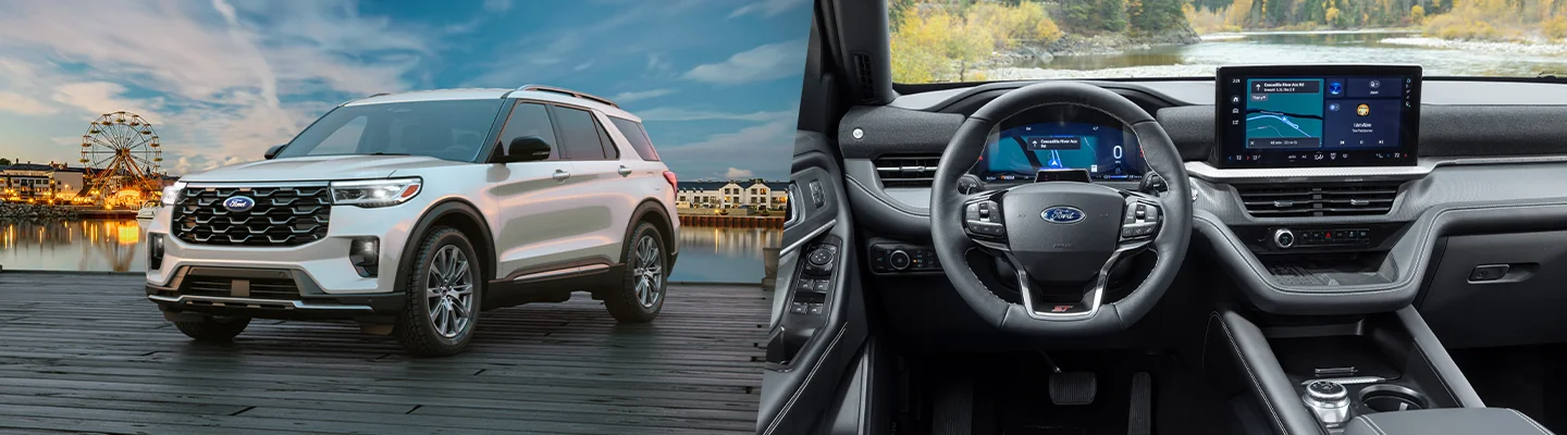a split image view of the exterior and interior of a 2026 Ford Explorer