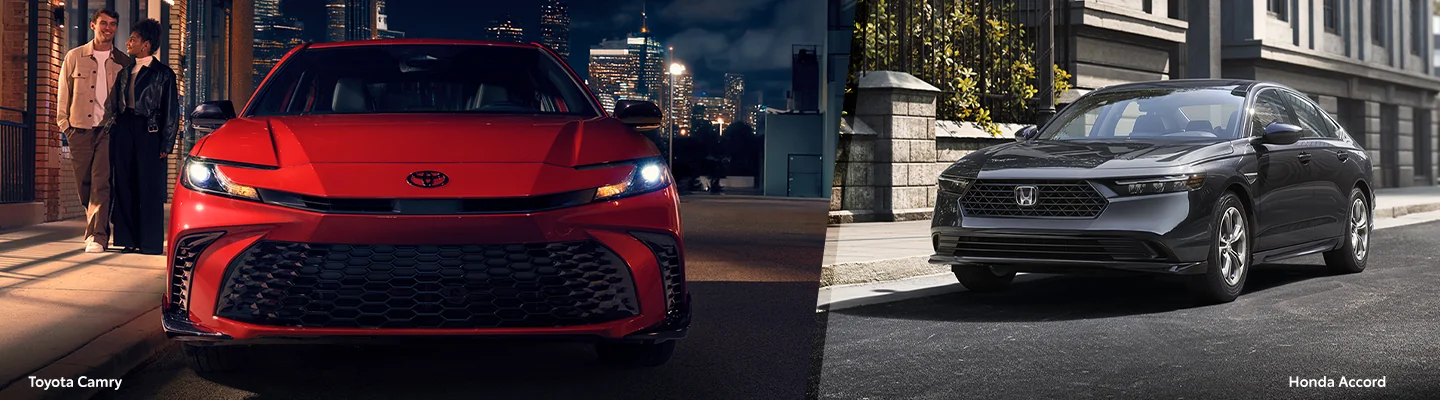 split image of a red 2026 Toyota Camry vs. Honda Accord