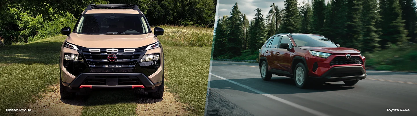 split image of a 2026 Nissan Rogue® Beats and a Toyota RAV4