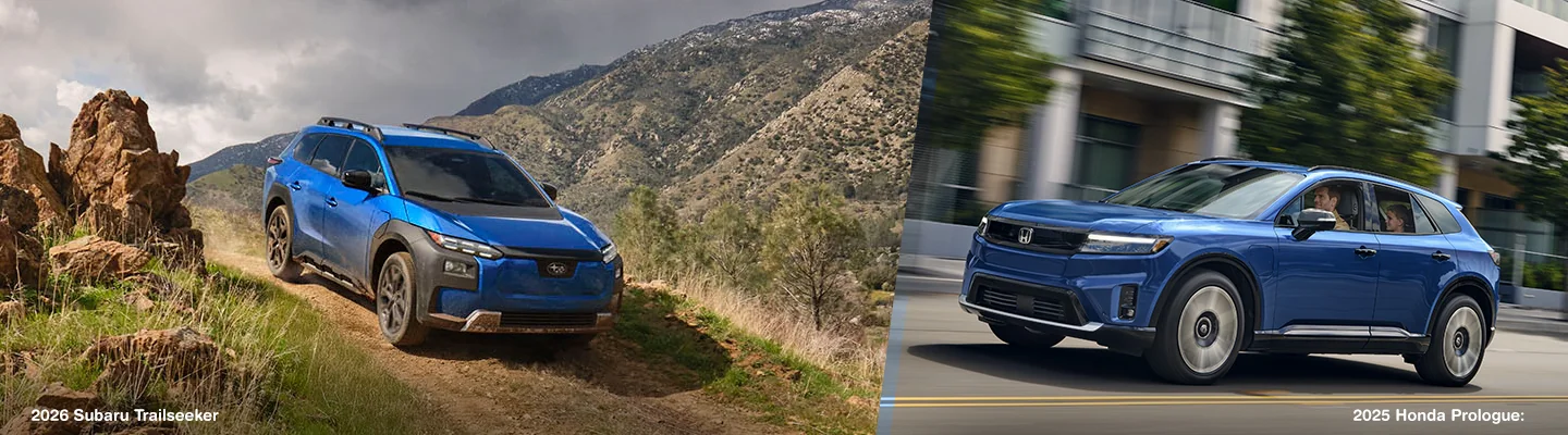 a blue 2026 Subaru Trailseeker and a blue Honda Prologue split image