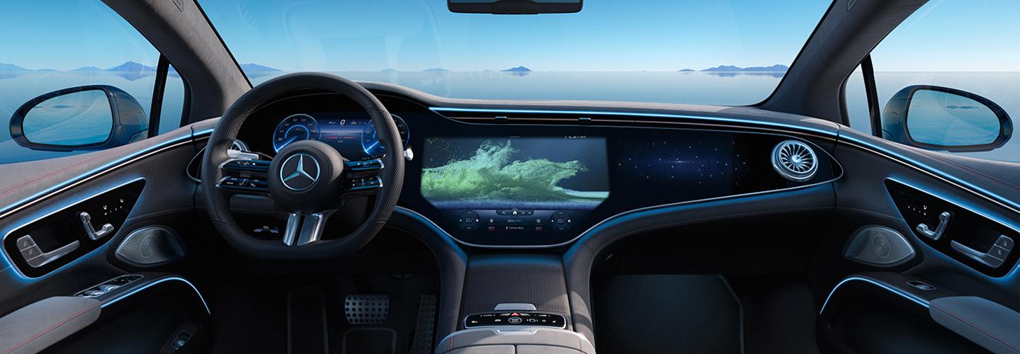 Interior view of a 2022 Mercedes-Benz EQS-Class parked on glass