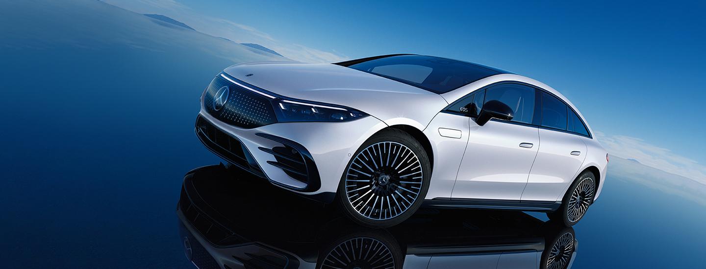 White 2022 Mercedes-Benz EQS-Class parked on glass