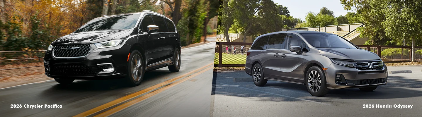 split image of a 2026 Chrysler Pacifica and a Honda Odyssey