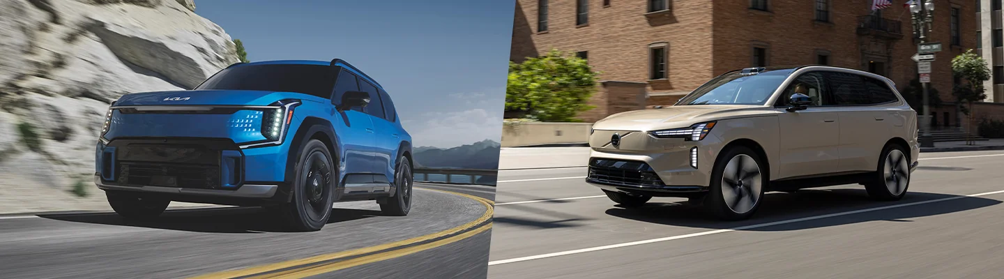 split image of a 2026 Kia EV9 and a Volvo EX90