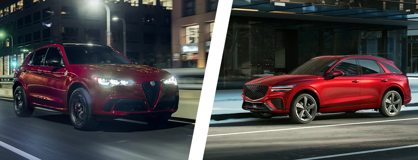 Side by side images of a 2025 Alfa Romeo Stelvio Tributo Italiano and a 2025  Genesis GV70