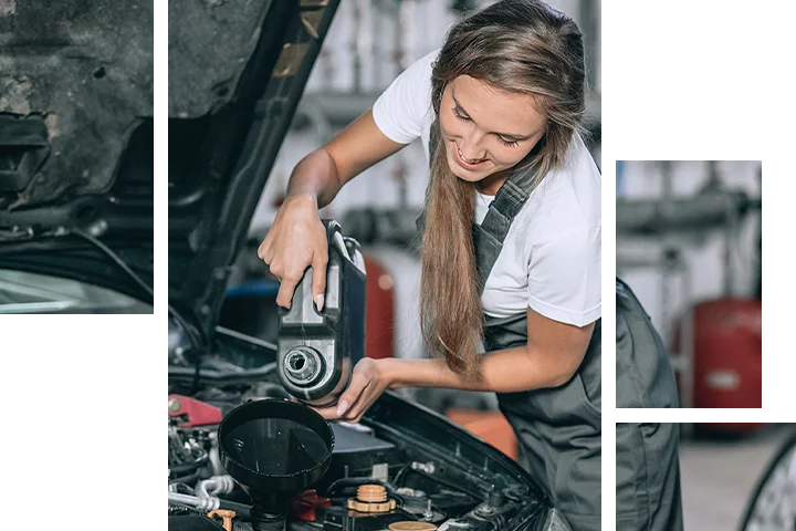 mechanic pouring oil into vehicle